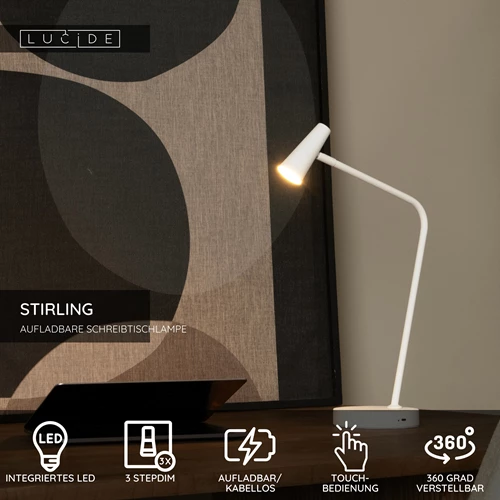 Lucide STIRLING - wiederaufladbare Schreibtischlampe - Akku/Batterie - LED 3 StepDim - 1x3W 2700K - Weiß - USP
